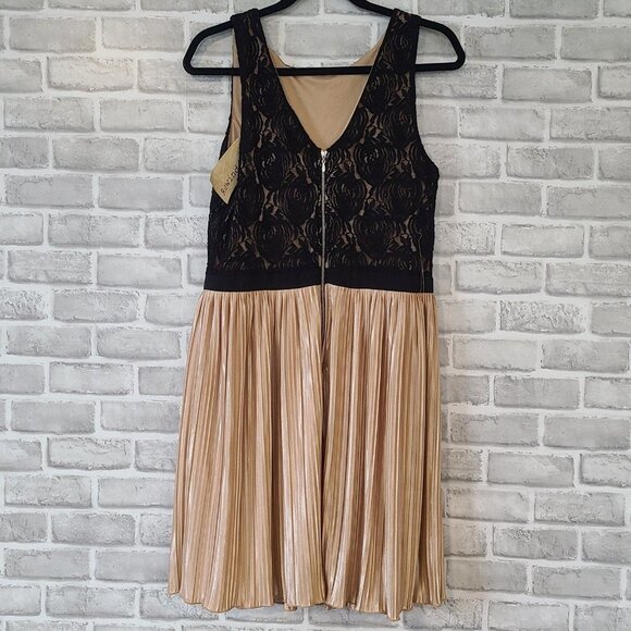 Rewind Dresses & Skirts - Rewind Dress Plunge Neck Black Lace Champagne Pleated Sleevless NWT $48